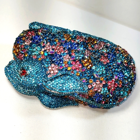 New In Box Blue Colorful Crystals Floral Rabbit Evening Clutch Purse - Picture 6 of 17